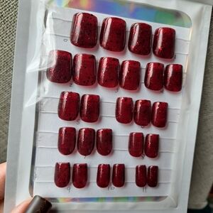 Set of 26 Hand Painted Square Press-On Nails UnaGella XS Deep Red Sparkle